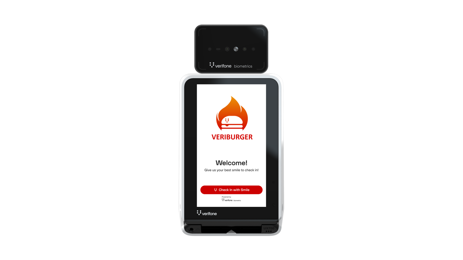 Verifone UX700 device with Veriburger welcome screen prompting users to check in with a smile and displaying a burger flame logo.