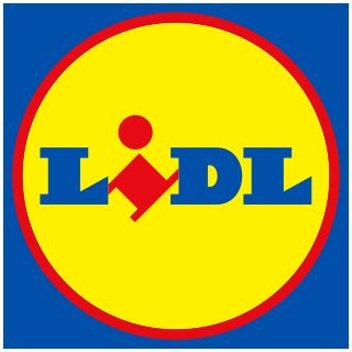 Lidl logo with bold blue letters and a red diamond on a yellow circle background.
